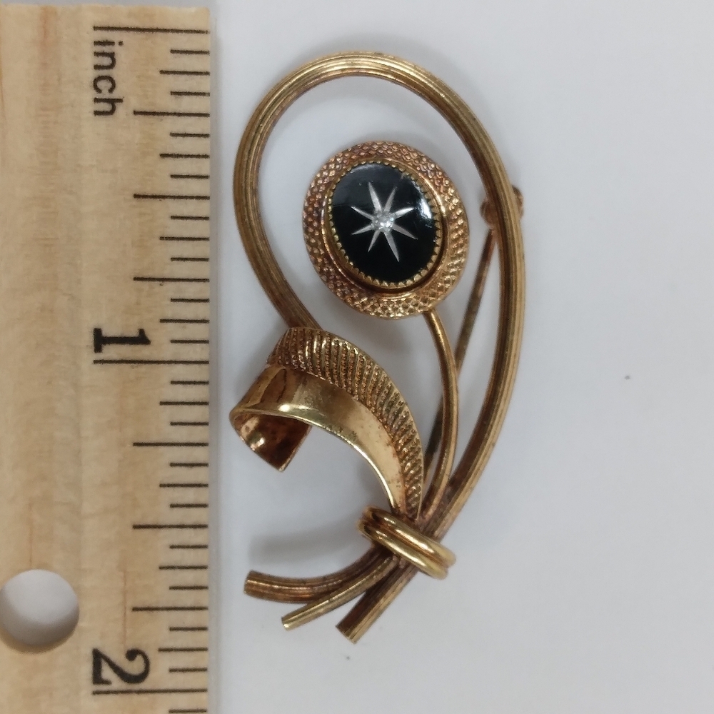 Unsigned Designer Black Glass 14K GF Clear Rhinestone Flower Brooch Vintage - Picture 2 of 7